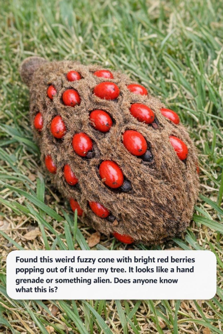 Found this weird fuzzy cone with bright red berries popping out of it under my tree. It looks like a hand grenade or something alien. Does anyone know what this is? πππ